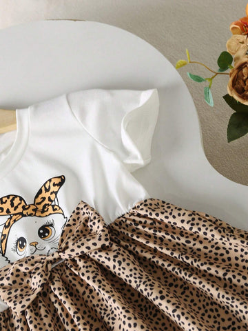 Young Girls' Casual Fashion Daily Streetwear Round Neck Short Sleeve Waisted Kitty & Leopard Print Bow Dress, Summer
