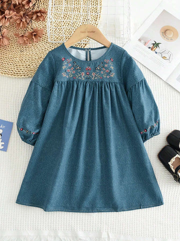 Young Girl's Casual Floral Print Long Sleeve Dress, Spring-Autumn