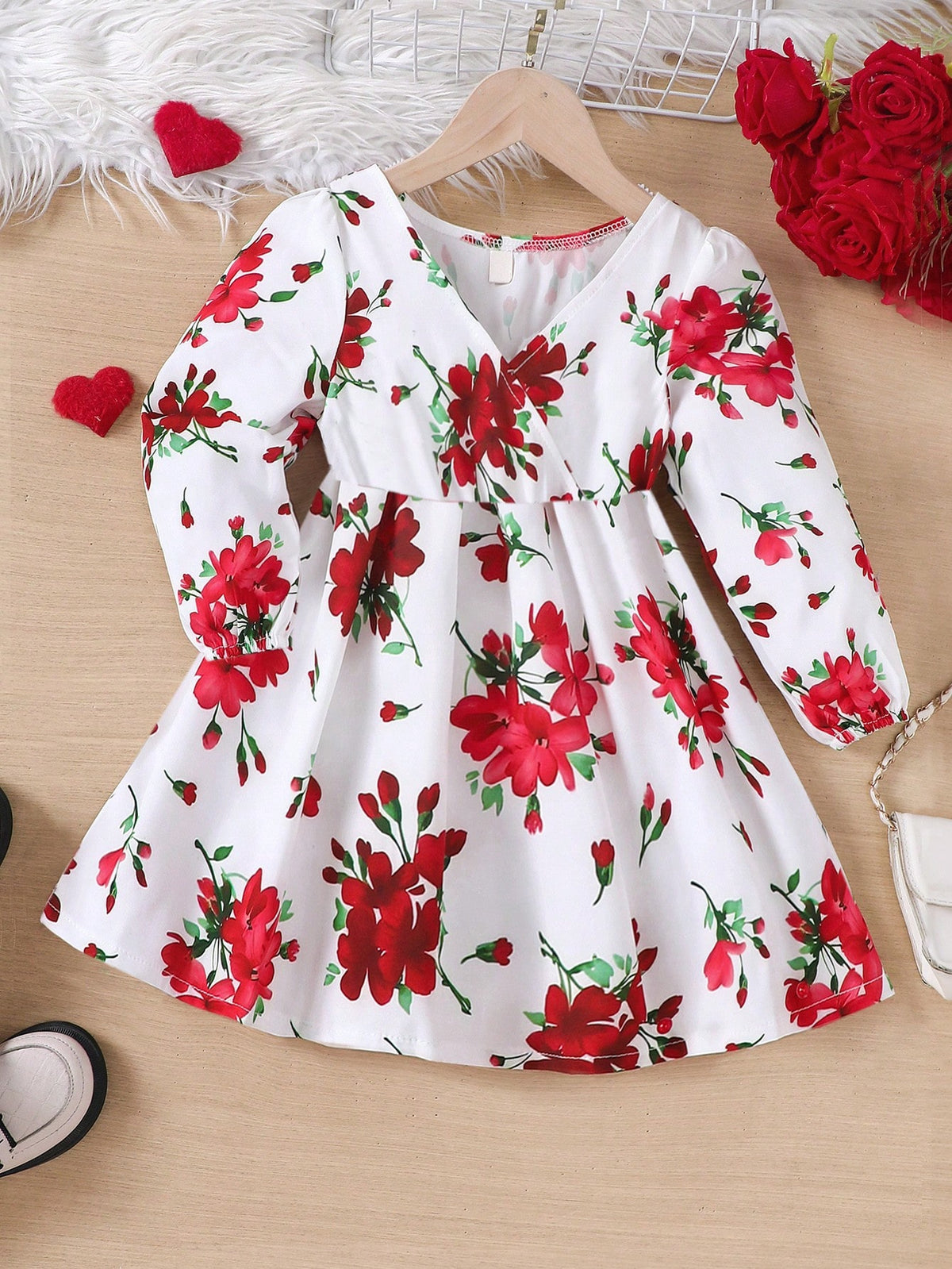 Young Girls Casual Floral Print V-Neck Long Sleeve Dress, Spring/Autumn