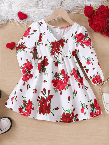 Young Girls Casual Floral Print V-Neck Long Sleeve Dress, Spring/Autumn