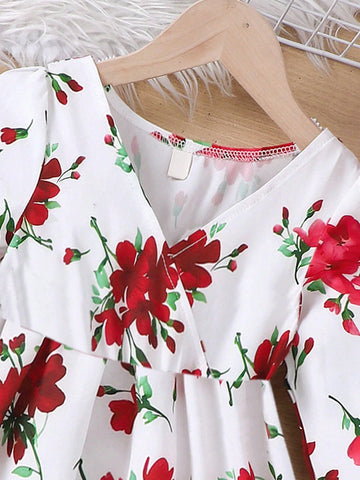 Young Girls Casual Floral Print V-Neck Long Sleeve Dress, Spring/Autumn