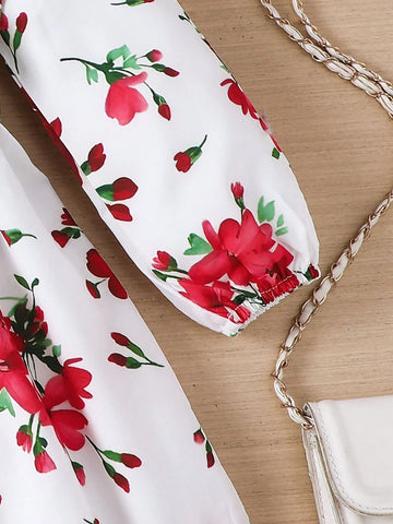 Young Girls Casual Floral Print V-Neck Long Sleeve Dress, Spring/Autumn