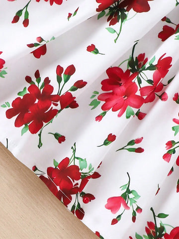Young Girls Casual Floral Print V-Neck Long Sleeve Dress, Spring/Autumn