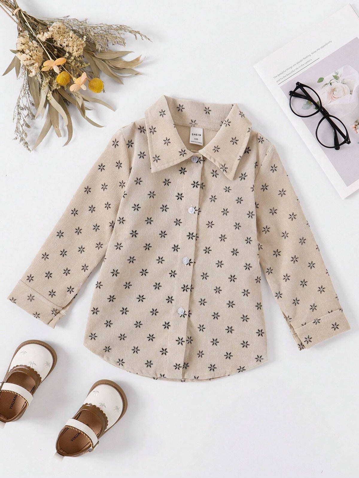 Young Girls' Casual Full Print Corduroy Shirt, Autumn/Winter