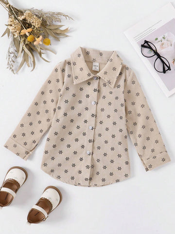 Young Girls' Casual Full Print Corduroy Shirt, Autumn/Winter