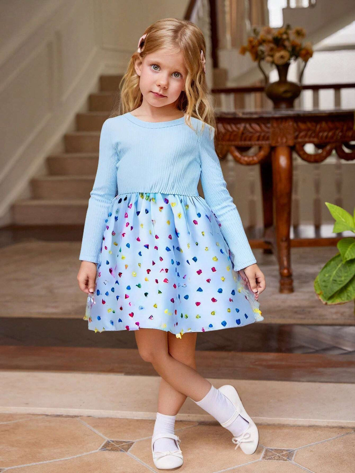 Young Girls Casual Heart Print Patchwork Dress For Outdoor In Autumn