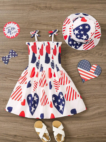 Young Girls' Casual Heart Printed Sleeveless Dress With Hat
