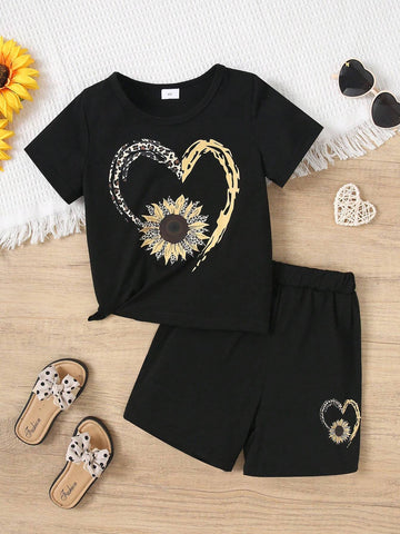 Young Girls" Casual Heart & Floral Print Short Sleeve T-Shirt And Shorts Summer Outfit Set
