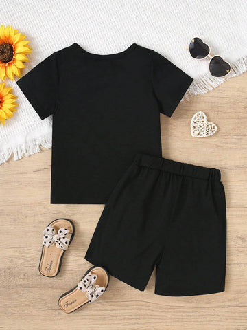 Young Girls" Casual Heart & Floral Print Short Sleeve T-Shirt And Shorts Summer Outfit Set