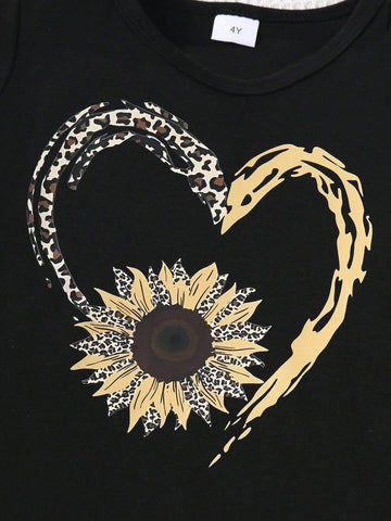 Young Girls" Casual Heart & Floral Print Short Sleeve T-Shirt And Shorts Summer Outfit Set