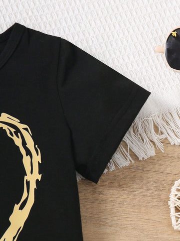 Young Girls" Casual Heart & Floral Print Short Sleeve T-Shirt And Shorts Summer Outfit Set