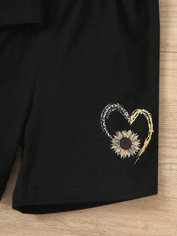 Young Girls" Casual Heart & Floral Print Short Sleeve T-Shirt And Shorts Summer Outfit Set