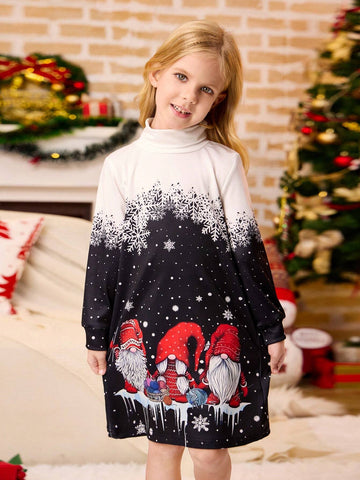 Young Girl's Casual High Neck Long Sleeve Christmas Printed Loose Dress
