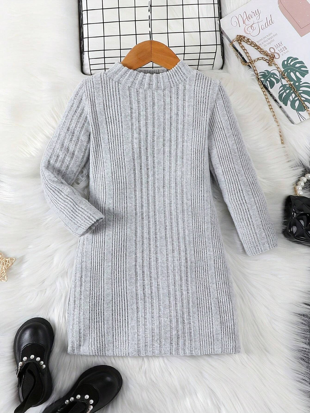 Young Girls Casual Knitted Thermal Crew Neck Sweater Dress For Winter