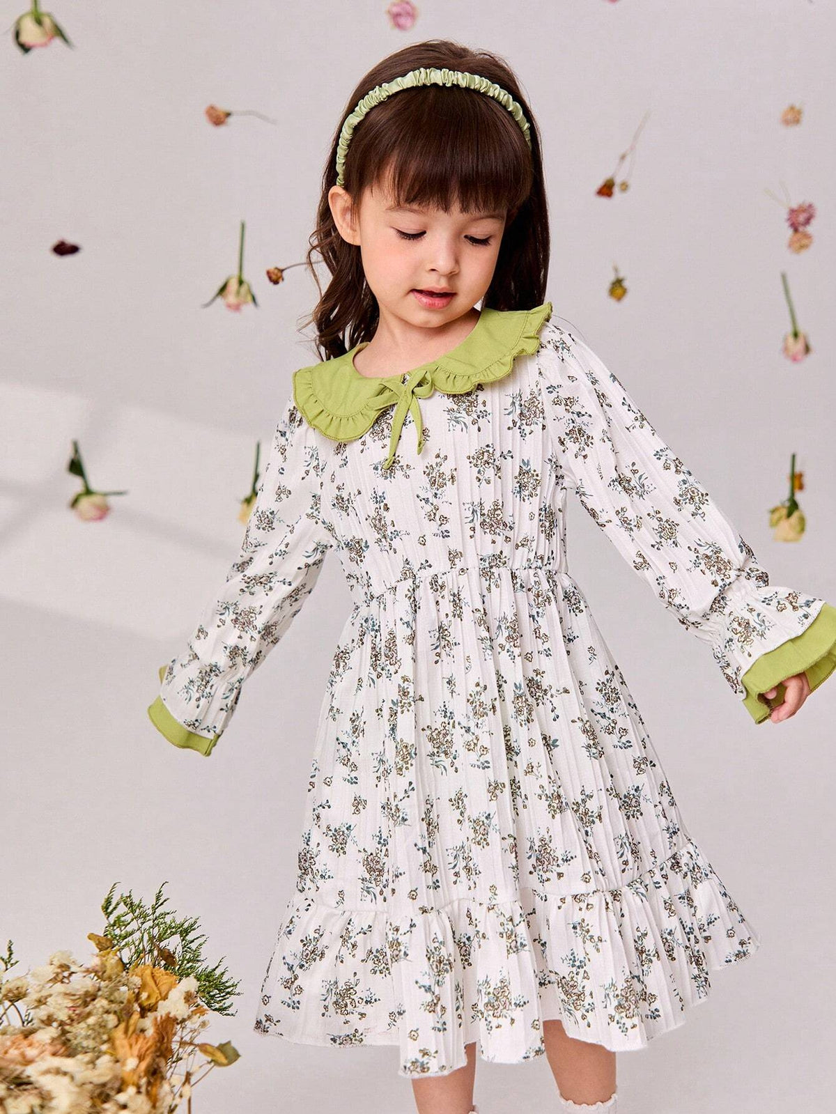 Young Girls' Casual Long Sleeve Floral Print Dress With Bow Detailing And Color Blocking Collar, Spring/Summer