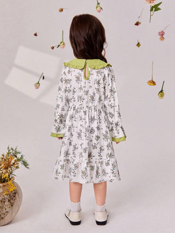 Young Girls' Casual Long Sleeve Floral Print Dress With Bow Detailing And Color Blocking Collar, Spring/Summer