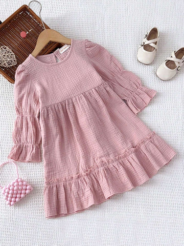 Young Girls Casual Long Sleeve Ruffle Collar Pullover Knit Dress, Spring And Autumn