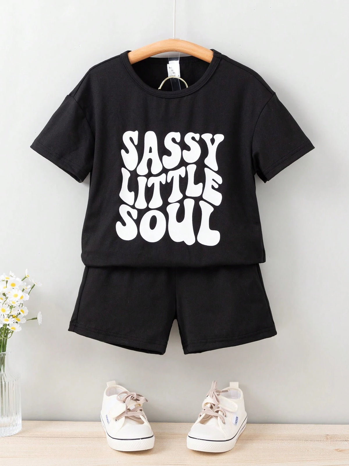 Young Girls' Casual Loose Fit T-Shirt And Shorts With Letter Print