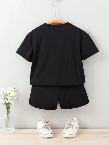 Young Girls' Casual Loose Fit T-Shirt And Shorts With Letter Print
