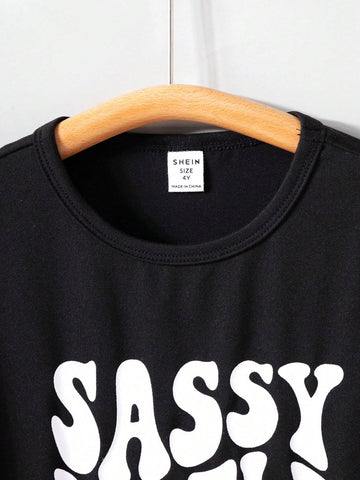 Young Girls' Casual Loose Fit T-Shirt And Shorts With Letter Print