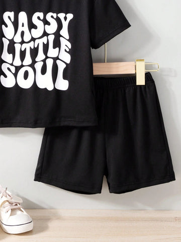 Young Girls' Casual Loose Fit T-Shirt And Shorts With Letter Print