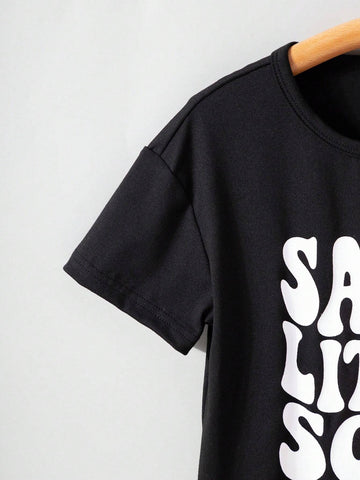 Young Girls' Casual Loose Fit T-Shirt And Shorts With Letter Print