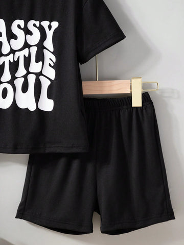 Young Girls' Casual Loose Fit T-Shirt And Shorts With Letter Print