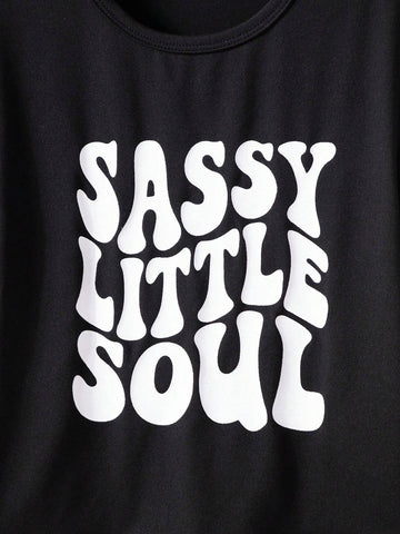 Young Girls' Casual Loose Fit T-Shirt And Shorts With Letter Print