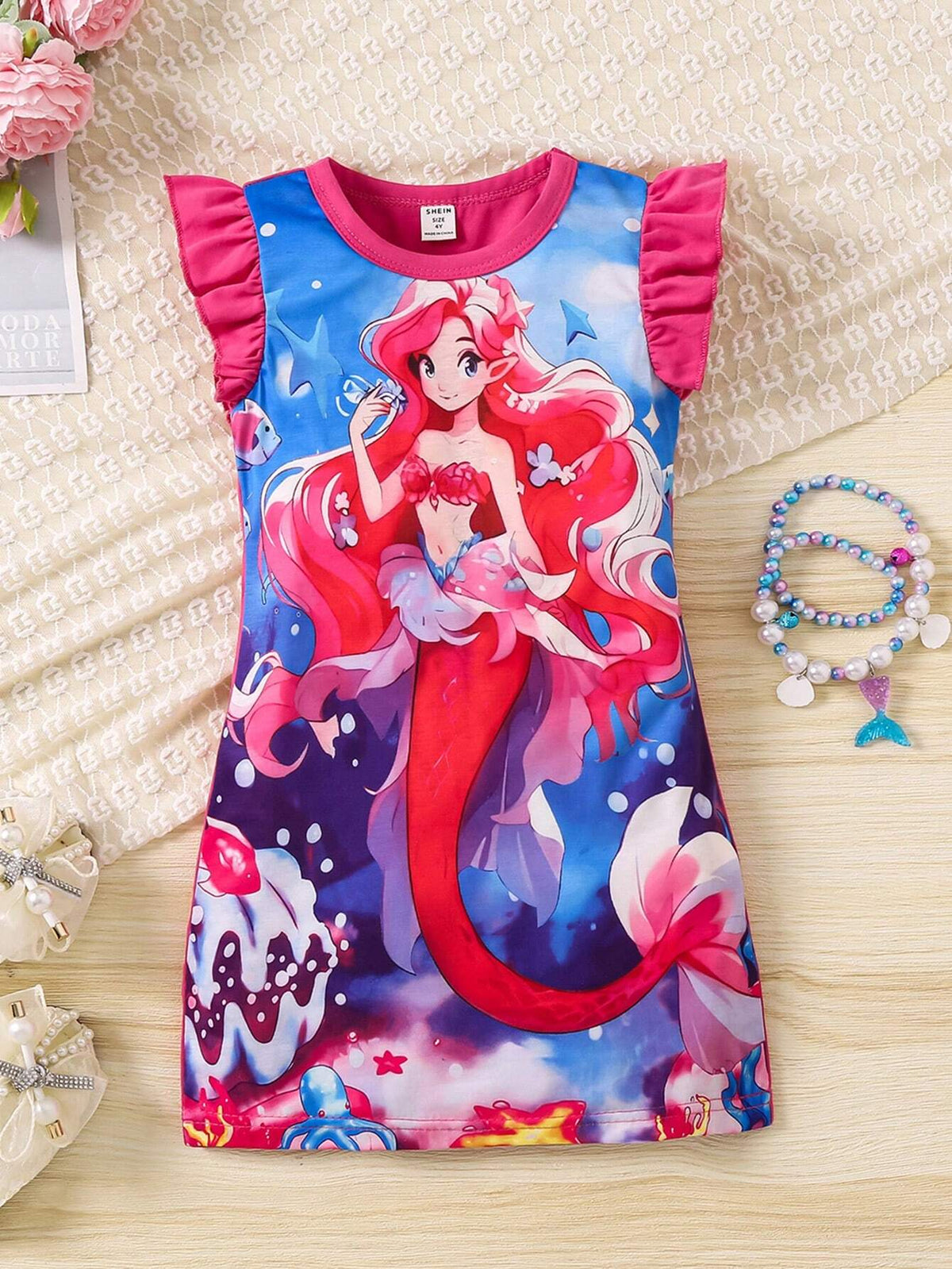 Young Girls' Casual Mermaid Printed Flying Sleeve Dress, Summer