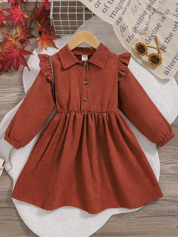Young Girls Casual Minimalist Collared Single-Breasted Cinched Waist Brown Corduroy Dress