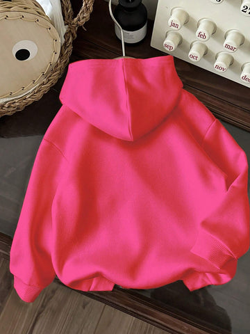 Young Girls Casual Minimalist Daily Comfort Loose Knit Hooded Long Sleeve Thick Sweatshirt, Suitable For Autumn/Winter
