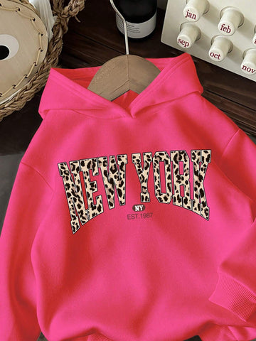 Young Girls Casual Minimalist Daily Comfort Loose Knit Hooded Long Sleeve Thick Sweatshirt, Suitable For Autumn/Winter