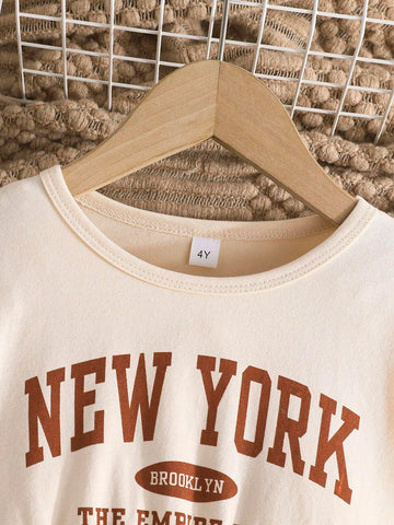 Young Girls Casual Minimalist English Letter & Heart Print Long Sleeve Round Neck Dress With Belt, Spring/Autumn