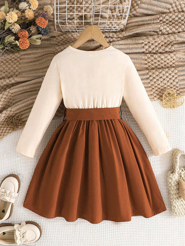Young Girls Casual Minimalist English Letter & Heart Print Long Sleeve Round Neck Dress With Belt, Spring/Autumn