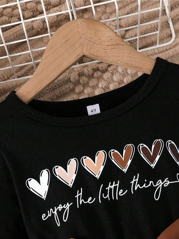 Young Girls Casual Minimalist English Letter & Heart Print Long Sleeve Round Neck Dress With Belt, Spring & Autumn