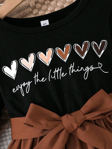 Young Girls Casual Minimalist English Letter & Heart Print Long Sleeve Round Neck Dress With Belt, Spring & Autumn