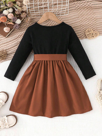 Young Girls Casual Minimalist English Letter & Heart Print Long Sleeve Round Neck Dress With Belt, Spring & Autumn