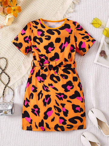 Young Girls' Casual Orange Leopard Print Belted Dress