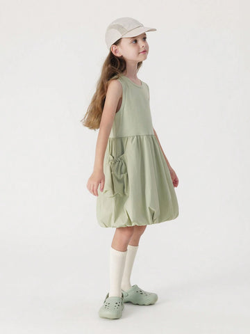 Young Girls' Casual Outdoor Ultra-Light Quick-Dry Dress With Big Pockets And Bubble Hem, Summer