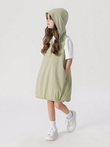 Young Girls' Casual Outdoor Ultra-Light Quick-Dry Sleeveless Hooded Jumpsuit, Summer