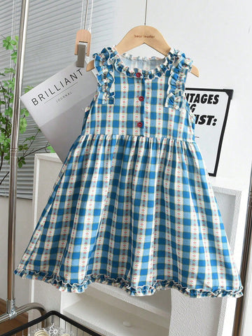 Young Girls Casual Plaid Sleeveless Dress Suitable For Summer