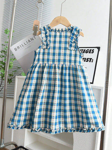 Young Girls Casual Plaid Sleeveless Dress Suitable For Summer