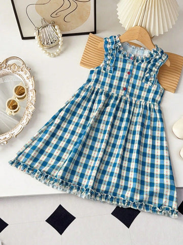 Young Girls Casual Plaid Sleeveless Dress Suitable For Summer