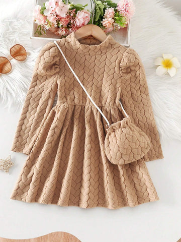 Young Girls Casual Plain Color Long Sleeve Dress With Matching Bag Set, Fashion Princess Style Thermal Lined, Autumn/Winter