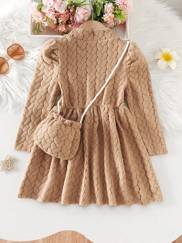 Young Girls Casual Plain Color Long Sleeve Dress With Matching Bag Set, Fashion Princess Style Thermal Lined, Autumn/Winter