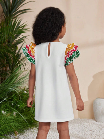 Young Girls' Casual Printed V-Neck Ruffle Hem Dress With Decorative Border