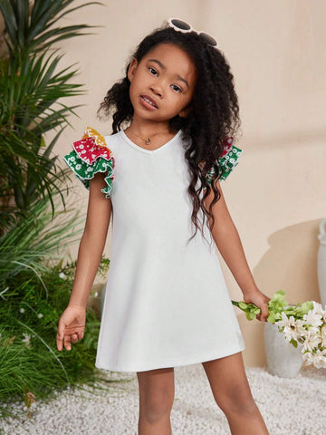 Young Girls' Casual Printed V-Neck Ruffle Hem Dress With Decorative Border