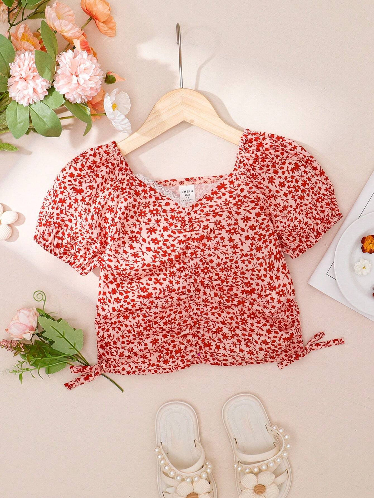 Young Girls' Casual Puff Sleeve Printed Shirt, Spring/Summer