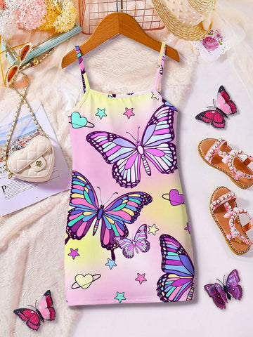 Young Girls" Casual Purple Butterfly & Cartoon Printed Spaghetti Strap Midi Dress, Suitable For Summer