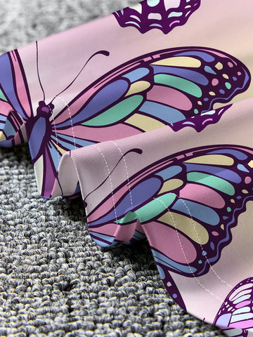 Young Girls" Casual Purple Butterfly & Cartoon Printed Spaghetti Strap Midi Dress, Suitable For Summer